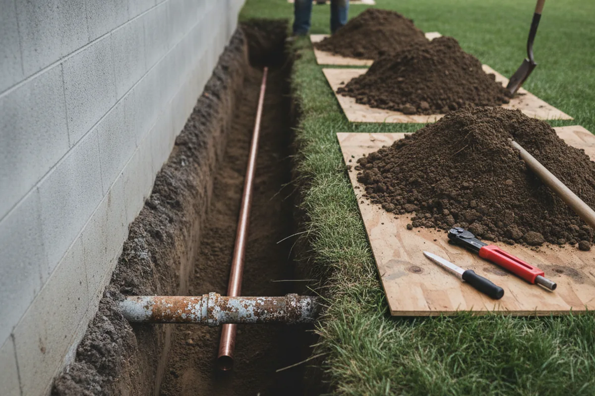 Excavated water line trench during Water Heater Repair in Stephens